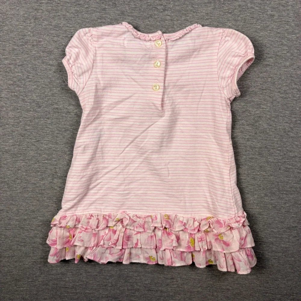 Ralph Lauren Dress Girls 9M Pink Striped Floral Ruffle Hem Cotton Short Sleeve